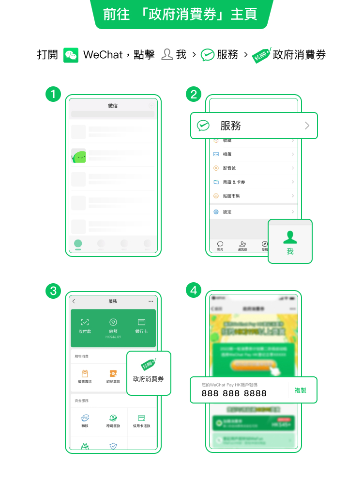 前往「政府消費券」主頁：打開 WeChat，點擊 我 > 服務 > 政府消費券