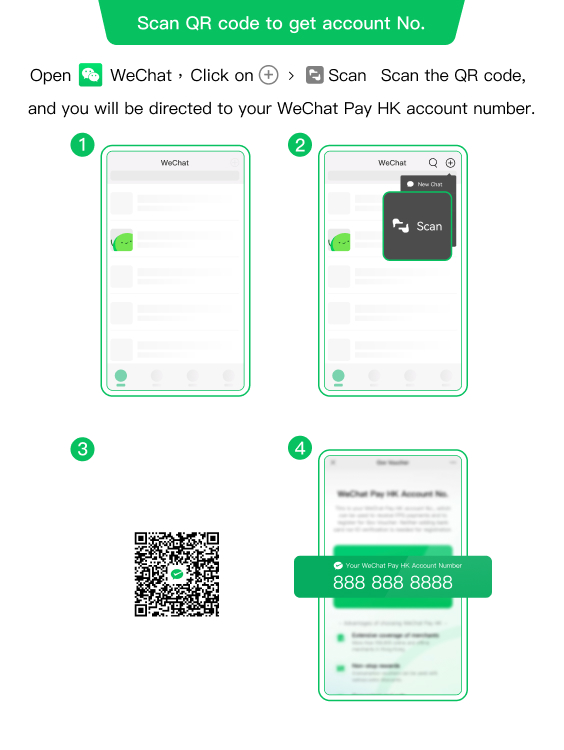 Scan QR code to get account No.: Open WeChat, Click on "PLUS" icon > Scan; Scan the QR code, and you will be directed to your WeChat Pay HK account number
